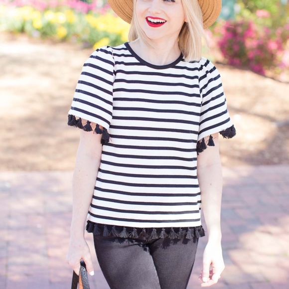 Green Envelope Tops - Classic striped tee with fringe trim